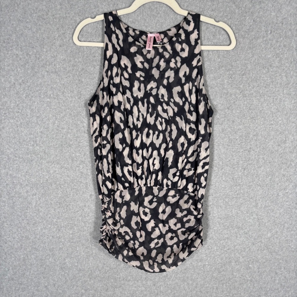 Y2K Mesh Ruched Tank Top Medium Gray Pink Leopard Animal Print Festival Glam